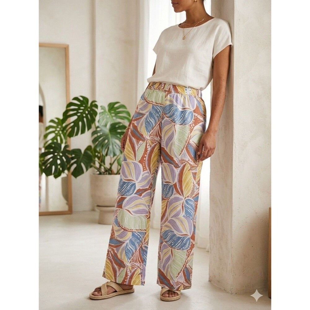 C&C California Linen Pants Womens Sz S Palm Leaves Pull On Wide Leg Boho Beach